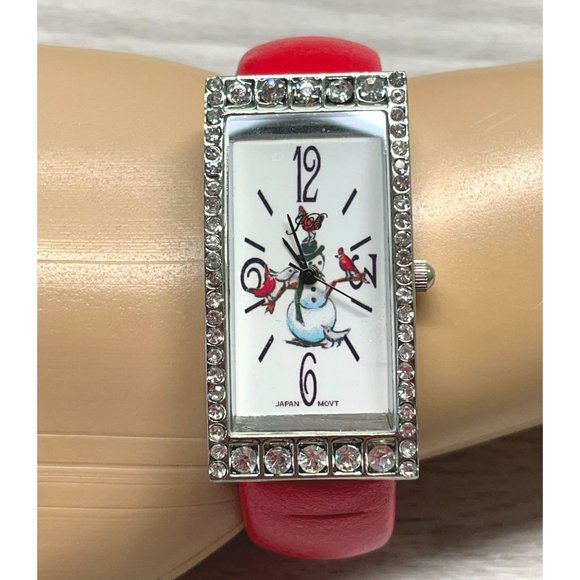 JB Womens Cuff Watch Bracelet Christmas Snowman with Birds Rhinestones - Picture 9 of 11